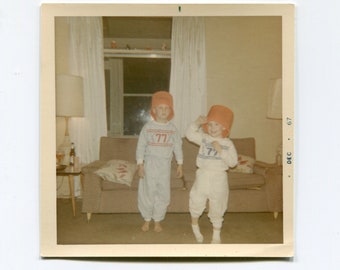 Bucket heads in matching jammies, Dec 1967.  Vintage original 1960s Kodak color vernacular snapshot photo