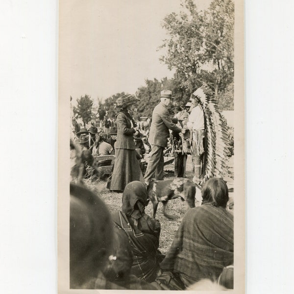 Meeting the Chief. Native American Indian ceremony? Circa 1930s. Vintage original black & white vernacular snapshot.