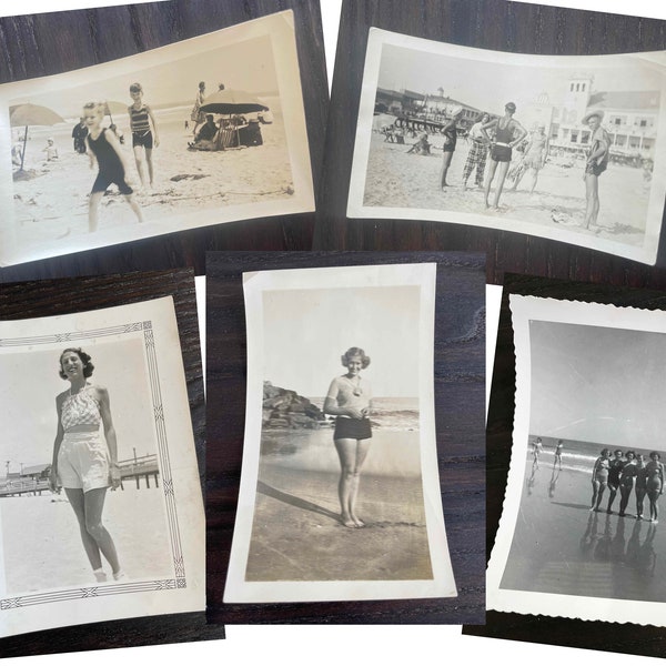 5 for 10 bucks. At the Beach! Vintage snapshots. Black & white vernacular photos for your art, collection, scrapbook free ship!  - A