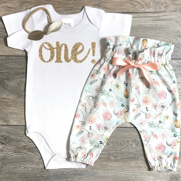 One! First birthday outfit baby girl - 1st birthday gold glitter bodysuit / high waisted boho bull skull pants / bow - outfit one year old