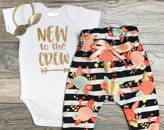 New to the crew newborn / coming home outfit baby girl - take home / hospital outfit / black striped high waisted floral pants / bow