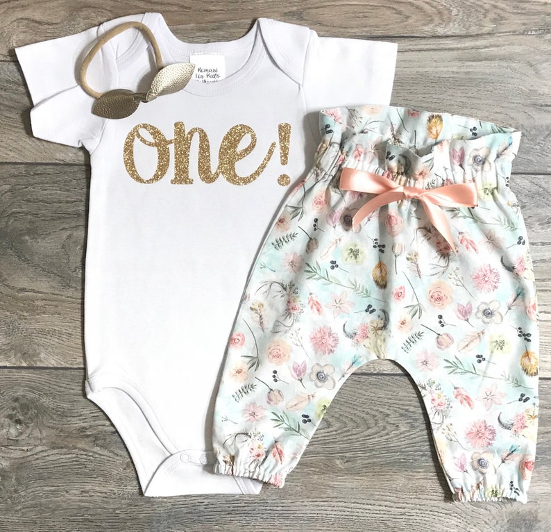 1st birthday gold glitter bodysuit high waisted boho bull skull pants bow First birthday outfit baby girl outfit one year old One