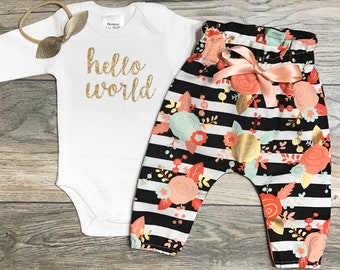 Hello World newborn coming home outfit - take home newborn outfit gold glitter bodysuit / black striped high waisted pants / bow / headband