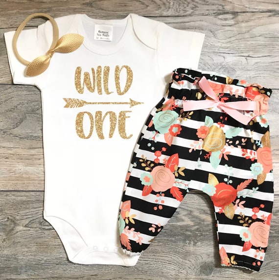 Gold Bow Headband 1st Birthday Outfit Baby Girl Boho Bull Skull Pants Bodysuit One Derful First Birthday Outfit
