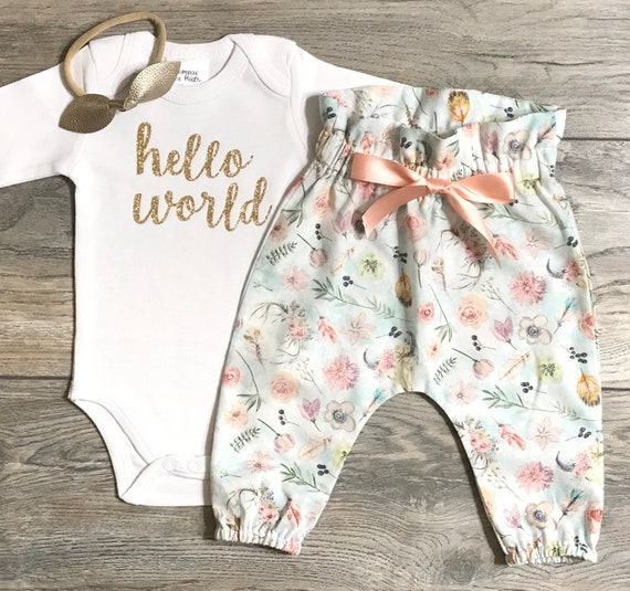 Newborn Coming Home Outfit Baby Girl Hello World Take Home / | Etsy