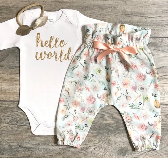Newborn Coming Home Outfit Baby Girl Hello World Take Home
