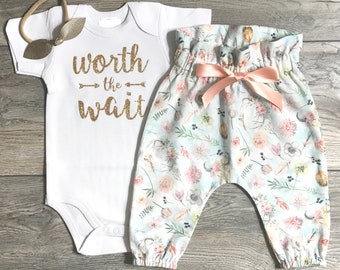 Worth the wait newborn / coming home outfit baby girl - hospital take home gold glitter bodysuit / boho bull skull high waisted pants / bow