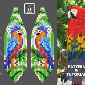 May include: A PDF pattern and tutorial for beaded earrings featuring a colorful parrot design. The earrings are long and narrow, with a green, blue, orange, and yellow color scheme. The pattern is for beading, and the tutorial is for making the earrings.