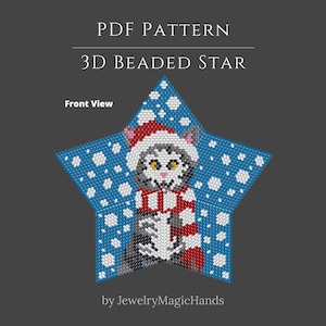 Puede incluir: Un patrón PDF para una estrella de cuentas 3D con un gato gris y blanco con un gorro y bufanda de Papá Noel rojos y blancos, sobre un fondo azul con copos de nieve blancos. El texto dice PDF PATTERN 3D BEADED STAR Front View.