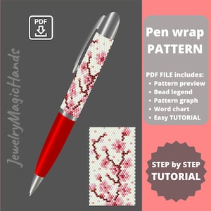 Puede incluir: Un bolígrafo rojo con punta plateada y un diseño floral. El diseño presenta flores rosas y tallos marrones sobre un fondo blanco. La imagen incluye el texto "Pen wrap PATTERN" y "STEP by STEP TUTORIAL".