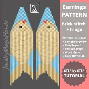 Gold fish earrings pattern | Step-By-Step TUTORIAL brick stitch & fringe earrings | Long beaded dangle earrings PDF DIY