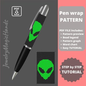 May include: A black pen with a silver tip and clip, featuring a green alien design on a black background. The image includes a PDF download icon and text that reads "Pen wrap PATTERN" and "STEP by STEP TUTORIAL".