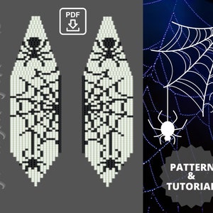 May include: A digital pattern and tutorial for beaded earrings featuring a spider web design with black spiders on a white background. The text "PATTERN & TUTORIAL" is visible in the image.