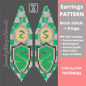 May include: A digital pattern for beaded earrings. The design features green and white brick stitch with a fringe. The earrings have a shield design with a green creature and the numbers "2" and "3". The pattern includes a PDF file with a pattern preview, bead legend, and tutorial.