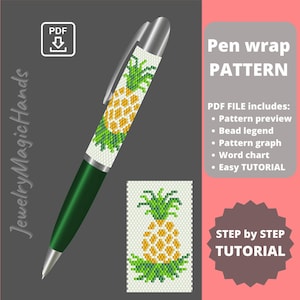 May include: A green pen with a silver tip and a white wrap featuring a pineapple design in yellow and green. The image also includes a small pineapple pattern and text that says "Pen wrap PATTERN".