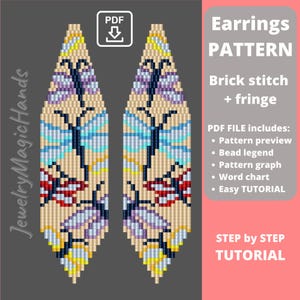 May include: A digital PDF pattern for beaded earrings. The design features a butterfly motif in shades of blue, purple, red, and yellow. The pattern includes a pattern preview, bead legend, pattern graph, word chart, and easy tutorial.