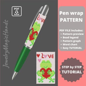 Könnte beinhalten: Ein PDF-Muster für eine Perlen-Stiftummantelung mit einem grünen Frosch, der ein rotes Herz mit dem Wort "LOVE" darüber hält. Das Muster enthält eine Perlenlegende, ein Diagramm, eine Worttabelle und eine Schritt-für-Schritt-Anleitung.