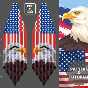 May include: A pair of beaded earrings featuring an American flag design with a bald eagle head. The earrings are in the shape of a teardrop and are made with red, white, and blue beads. The pattern and tutorial are included.
