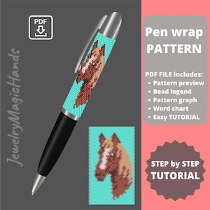 May include: A black pen with a silver tip and clip, featuring a turquoise wrap with a beaded horse head design. The image includes a PDF download icon and text that says "Pen wrap PATTERN".