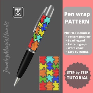 May include: A PDF pattern for a beaded pen wrap featuring a colorful puzzle design. The pattern includes a preview, bead legend, graph, word chart, and easy tutorial.