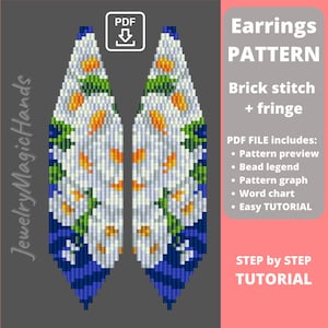 May include: A digital PDF pattern for brick stitch and fringe earrings featuring a white, orange, and green floral design on a dark blue background. The text includes "Earrings PATTERN", "Brick stitch + fringe", and "PDF FILE includes".