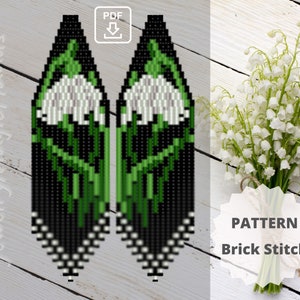 May include: A printable PDF pattern for beading earrings in the shape of lily of the valley flowers. The pattern is for brick stitch and features white flowers with green stems on a black background. The pattern is labeled "PATTERN Brick Stitch".