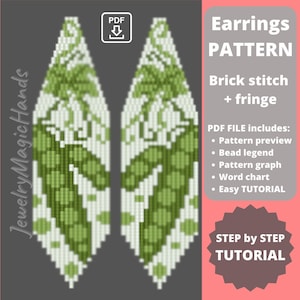 Könnte beinhalten: Ein digitales Muster für Perlenohrringe mit einem grünen Erbsenhülsen-Design. Das Muster enthält eine Perlenlegende, ein Diagramm, eine Worttabelle und eine einfache Anleitung. Das Muster ist für Ziegel-Stich mit Fransen.