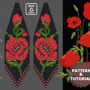 Orecchini con perline e frange floreali a motivo di papaveri rossi. Motivo a punto mattone con fiori primaverili. Orecchini Miyuki Delica Cool Delicate fai da te.