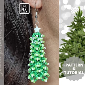 May include: Green and white beaded Christmas tree earrings with a silver star charm. PDF pattern and tutorial included.  "JewelryMagicHands" is written vertically on the left side of the image.