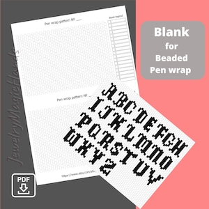May include: A printable PDF pattern for a beaded pen wrap. The design includes a grid for bead placement, a bead legend, and a pixelated alphabet. The background is a light pink colour.