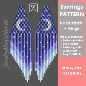 Patroon oorbellen maanster | Stap-voor-stap TUTORIAL steensteek en franjeoorbellen | Nieuwe lange oorbellen met kralen | Digitale pdf-doe-het-zelf