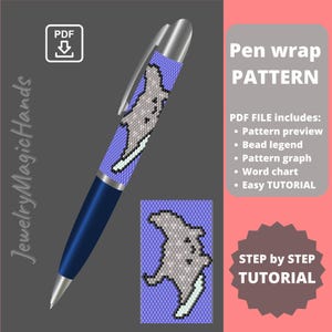 May include: A PDF pattern for a beaded pen wrap featuring a cartoon gray and white bat design on a purple background. The pattern includes a bead legend, graph, word chart, and easy tutorial.