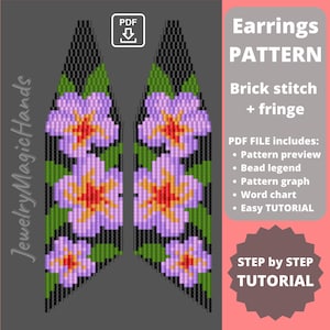 Könnte beinhalten: Ein digitales Muster für Perlenohrringe mit einem floralen Design aus lila, orangefarbenen und grünen Perlen. Das Muster enthält eine Schritt-für-Schritt-Anleitung und ist für Ziegel-Stich mit Fransen.