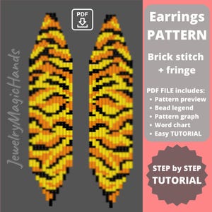 Tiger skin earrings pattern | Unique Brick stitch pattern Miyuki Delica | Long beaded dangle novelty earrings | Digital PDF | Do it yourself