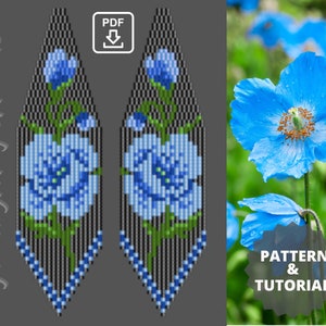 May include: A pair of beaded earrings with a blue flower design. The earrings are in the shape of a teardrop and are made with black and blue beads. The image also includes a blue poppy flower and the text "PATTERN & TUTORIAL".