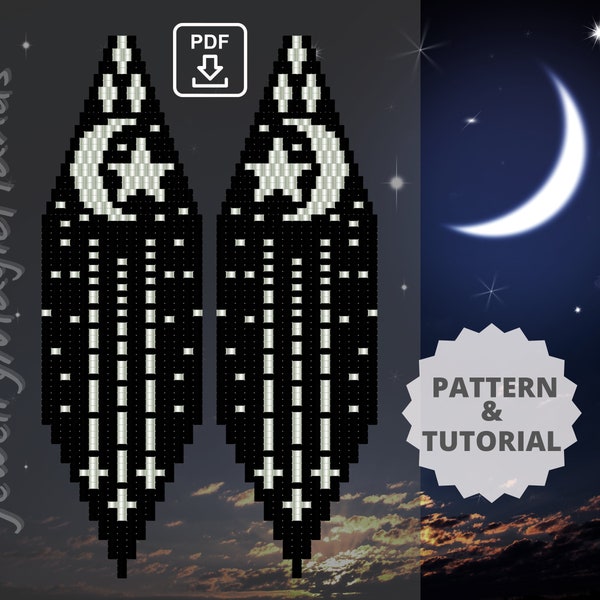 Earrings moon star Tutorials dangle fringe earrings Beaded brick stitch pattern, Digital PDF pattern  Seed bead pattern Do it yourself