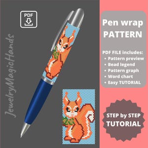 Może przedstawiać: Wzór na koraliki do owijania długopisu z uroczym pomarańczowym wiewiórką trzymającym orzech. Wzór zawiera legendę koralików, wykres, tabelę słów i łatwy samouczek.  "Pen wrap PATTERN" i "STEP by STEP TUTORIAL" są napisane na obrazku.