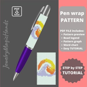 May include: A digital download pattern for a beaded pen wrap with a rainbow and wave design. The pattern includes a bead legend, graph, word chart, and easy tutorial.