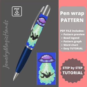Op de afbeelding: Een kralenpatroon voor een penwikkeling met een UFO die een persoon ontvoert. Het patroon bevat een kralenlegende, een grafiek, een woordkaart en een eenvoudige tutorial.  PDF-BESTAND bevat: Patroonvoorbeeld, Kralenlegende, Patroon grafiek, Woordkaart, Eenvoudige TUTORIAL. STAP VOOR STAP TUTORIAL.