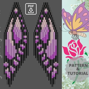 May include: A digital pattern and tutorial for beaded earrings featuring a butterfly design with purple, pink, and black beads. The pattern includes a PDF download.