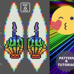 Puede incluir: Un par de pendientes de cuentas de arcoíris con un diseño de dedo medio. Los pendientes tienen forma de lágrima y están hechos con cuentas de colores. Los pendientes vienen con un patrón PDF descargable y un tutorial.