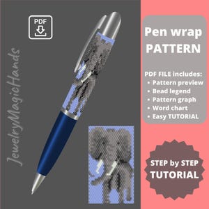 Può includere: Un modello PDF per un rivestimento per penne in perline con un design a forma di elefante. Il modello include un'anteprima, una legenda delle perline, un grafico, una tabella di parole e un tutorial facile.