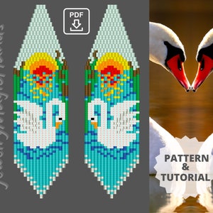 Swan fringe beaded earrings. Sunrise and bird dangle earrings, Brick stitch seed bead pattern, PDF tutorial, Miyuki delica, Do it yourself