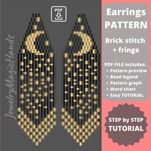 Moon fringe earrings pattern | Brick stitch pattern | Long Unique beaded dangle novelty earrings | Digital PDF | Do it yourself