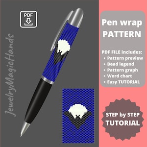 May include: A blue and black beaded pen wrap pattern with a white bat design. The pattern includes a bead legend, graph, word chart, and easy tutorial.  PDF FILE includes: Pattern preview, Bead legend, Pattern graph, Word chart, Easy TUTORIAL. STEP by STEP TUTORIAL.