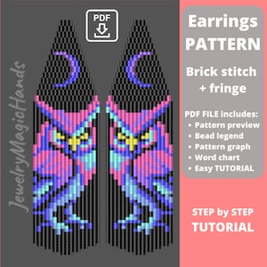 Patroon oorbellen uil en maan | Stap-voor-stap TUTORIAL steensteek en franjeoorbellen | Nieuwe lange oorbellen met kralen | Digitale pdf