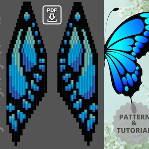 Puede incluir: Un par de pendientes de cuentas azules y negras con forma de alas de mariposa. Los pendientes se muestran sobre un fondo gris. La imagen también incluye una silueta de mariposa y el texto "PATTERN & TUTORIAL".