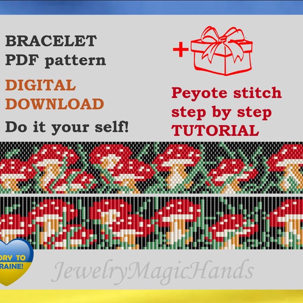 Mushroom bracelet, Peyote and loom pattern, Do it yourself, Beaded bracelet, Handmade bracelet, Instant download, Tutorial, Ukraine shops