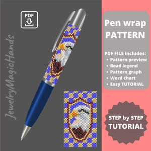 Peut inclure: Un stylo bleu avec un motif de perles d'aigle. L'enveloppe du stylo présente des perles bleues, dorées et bordeaux. L'image comprend une icône de téléchargement PDF et le texte "Pen wrap PATTERN".