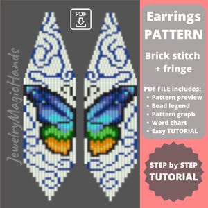 Puede incluir: Un patrón de descarga digital para pendientes de cuentas con un diseño de mariposa. El patrón incluye una leyenda de cuentas, un gráfico, una tabla de palabras y un tutorial fácil. Los pendientes están hechos con punto de ladrillo y flecos.